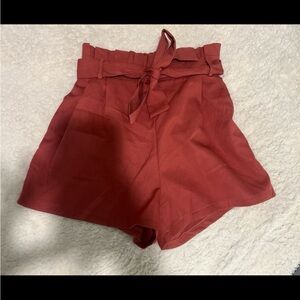 Brown High Waist Paperbag Shorts with Tie Belt